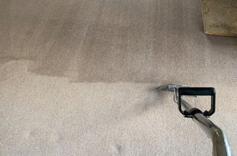 A carpet being cleaned showing before & after