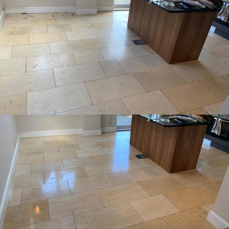 Before & After photo of a kitchen stone floor strip & re-seal
